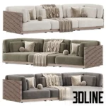 3D model set of the Caicos modular sofa in beige, olive green, and grey, featuring a distinctive wooden slat frame back and plush box cushions styled with throw blankets.