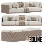 3D model set of the Caicos modular sofa in beige, olive green, and grey, featuring a distinctive wooden slat frame back and plush box cushions styled with throw blankets.