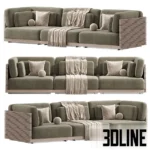 3D model set of the Caicos modular sofa in beige, olive green, and grey, featuring a distinctive wooden slat frame back and plush box cushions styled with throw blankets.
