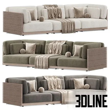 3D model set of the Caicos modular sofa in beige, olive green, and grey, featuring a distinctive wooden slat frame back and plush box cushions styled with throw blankets.