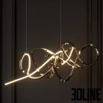 High-detail 3D model of the Inari bespoke chandelier by Cameron Design House, featuring a complex, abstract brass metal ribbon with integrated warm LED light strips.
