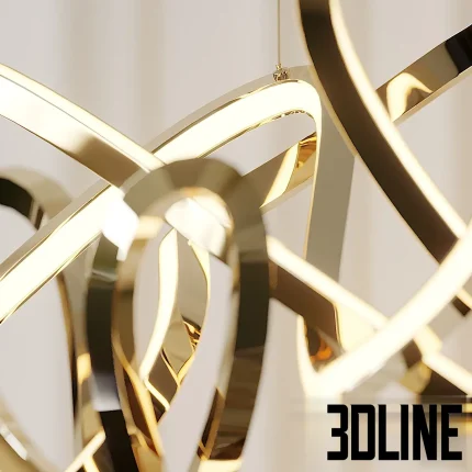 High-detail 3D model of the Inari bespoke chandelier by Cameron Design House, featuring a complex, abstract brass metal ribbon with integrated warm LED light strips.