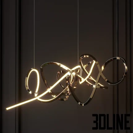 High-detail 3D model of the Inari bespoke chandelier by Cameron Design House, featuring a complex, abstract brass metal ribbon with integrated warm LED light strips.