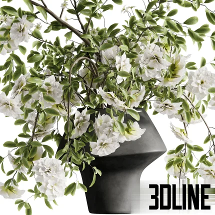 High-detail 3D model of a full bouquet of white flowers and green leaves cascading from a modern, dark grey, geometric clay pot.