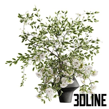 High-detail 3D model of a full bouquet of white flowers and green leaves cascading from a modern, dark grey, geometric clay pot.