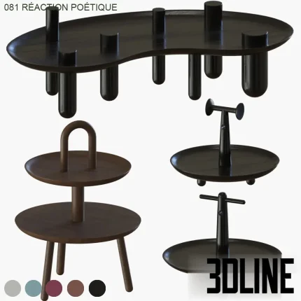 Detailed 3D model set of Cassina 081 Réaction Poétique wood tables, including an abstract kidney-shaped tray and various tiered serving stands in dark wood and black finishes.