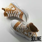 High-resolution 3D model of casual high-top sneakers with chunky white sole and mustard canvas material