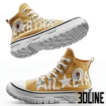 High-resolution 3D model of casual high-top sneakers with chunky white sole and mustard canvas material