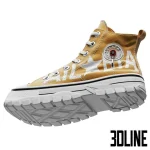 High-resolution 3D model of casual high-top sneakers with chunky white sole and mustard canvas material