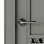 3D model of the Chester Factory AtlasLux interior door, featuring a classic two-panel design with raised molding in a matte grey finish and chrome handle.