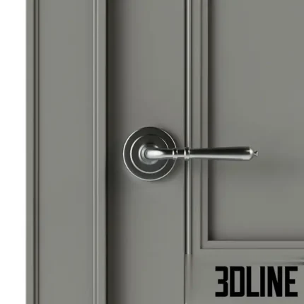 3D model of the Chester Factory AtlasLux interior door, featuring a classic two-panel design with raised molding in a matte grey finish and chrome handle.