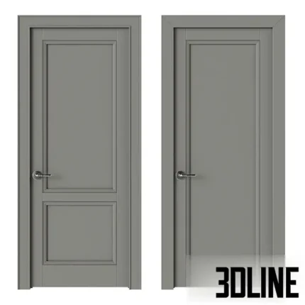 3D model of the Chester Factory AtlasLux interior door, featuring a classic two-panel design with raised molding in a matte grey finish and chrome handle.