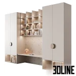 3D model of a modern children's closet and desk unit in light tones, featuring two tall cabinets, an illuminated open shelving system, and an integrated study surface.