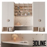 3D model of a modern children's closet and desk unit in light tones, featuring two tall cabinets, an illuminated open shelving system, and an integrated study surface.