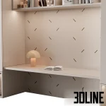 3D model of a modern children's closet and desk unit in light tones, featuring two tall cabinets, an illuminated open shelving system, and an integrated study surface.