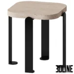 3D model of the Chloe side table by Le Berre Vevaud, featuring a square beige travertine top with rounded corners supported by distinctive flat black lacquered legs.