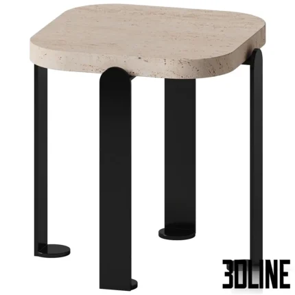 3D model of the Chloe side table by Le Berre Vevaud, featuring a square beige travertine top with rounded corners supported by distinctive flat black lacquered legs.