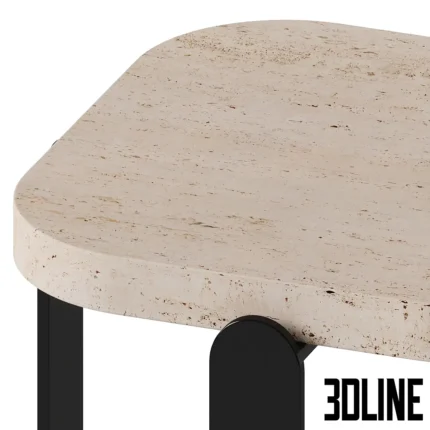 3D model of the Chloe side table by Le Berre Vevaud, featuring a square beige travertine top with rounded corners supported by distinctive flat black lacquered legs.