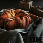 High-resolution 3D model of a Christmas poppy seed roll on a wooden tray with honey, cinnamon, dried oranges, and wrapped gifts for holiday visualizations