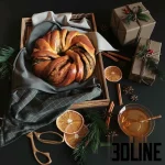 High-resolution 3D model of a Christmas poppy seed roll on a wooden tray with honey, cinnamon, dried oranges, and wrapped gifts for holiday visualizations