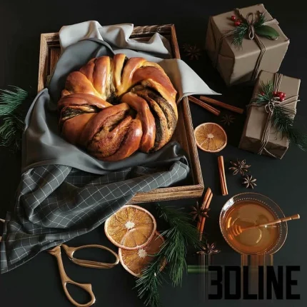 High-resolution 3D model of a Christmas poppy seed roll on a wooden tray with honey, cinnamon, dried oranges, and wrapped gifts for holiday visualizations