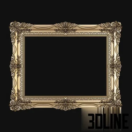 High-detail 3D model of a classic baroque rectangular frame, featuring intricate gold carved floral motifs and ornate corner details on a black background.