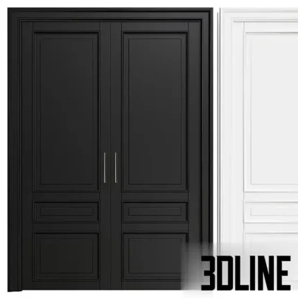 3D model of classic double interior doors featuring elegant molded panels, shown in two finish variations: matte black and pure white, complete with modern silver handles.
