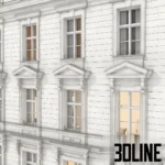 3D model of a classic Vienna-style multi-story apartment building featuring an ornamental white facade, arched ground floor windows, and a grey metal roof.