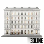 3D model of a classic Vienna-style multi-story apartment building featuring an ornamental white facade, arched ground floor windows, and a grey metal roof.