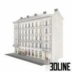 3D model of a classic Vienna-style multi-story apartment building featuring an ornamental white facade, arched ground floor windows, and a grey metal roof.