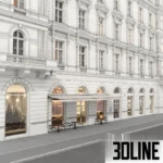 3D model of a classic Vienna-style multi-story apartment building featuring an ornamental white facade, arched ground floor windows, and a grey metal roof.