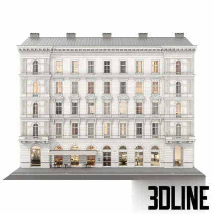 3D model of a classic Vienna-style multi-story apartment building featuring an ornamental white facade, arched ground floor windows, and a grey metal roof.
