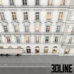 3D model of a classic Vienna-style multi-story apartment building featuring an ornamental white facade, arched ground floor windows, and a grey metal roof.