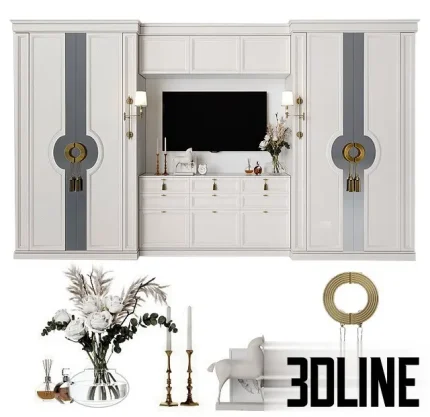 3D model of a large classic-style TV wall unit in white, featuring tall cabinets with grey inserts and circular gold handles, a central TV niche, and decorated with vases, books, and candlesticks.