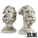 3D model of a classical giant head bust sculpture, depicting a bearded figure (possibly Hercules) in a weathered, fragmented condition with realistic stone texture.