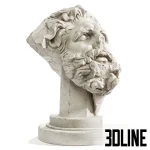 3D model of a classical giant head bust sculpture, depicting a bearded figure (possibly Hercules) in a weathered, fragmented condition with realistic stone texture.