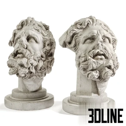 3D model of a classical giant head bust sculpture, depicting a bearded figure (possibly Hercules) in a weathered, fragmented condition with realistic stone texture.