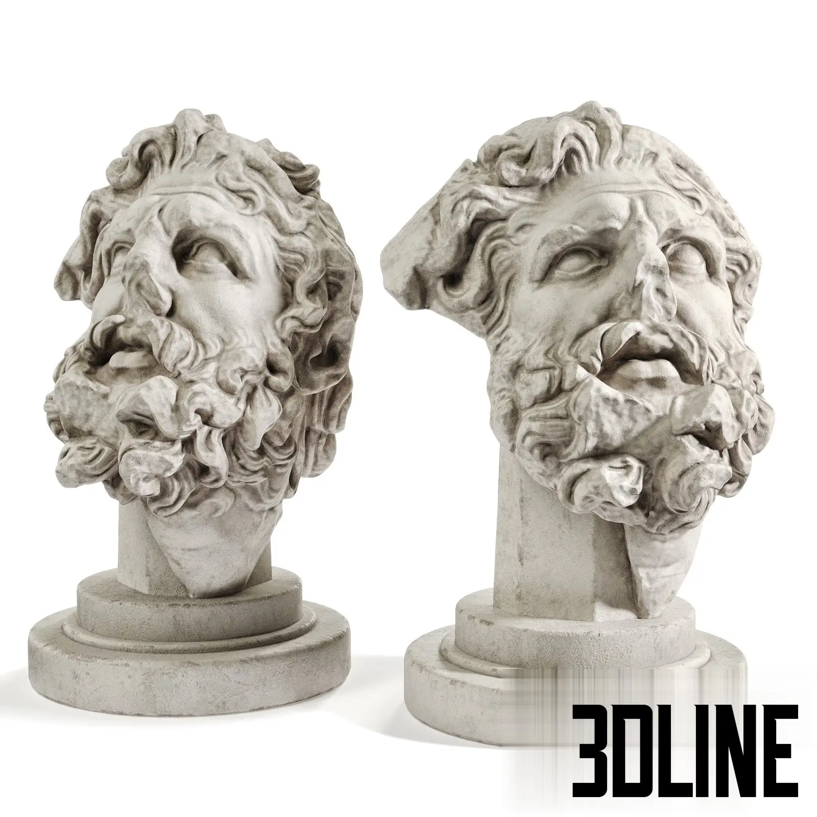 Classical Giant Head Bust Sculpture 3D Model: Weathered Stone 3D model of a classical giant head bust sculpture, depicting a bearded figure (possibly Hercules) in a weathered, fragmented condition with realistic stone texture.