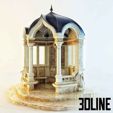 Detailed 3D model of a classical marble gazebo or pavilion, featuring decorative columns, a domed black roof, ornate details, and swan sculptures on the steps, ideal for exterior luxury gardens.