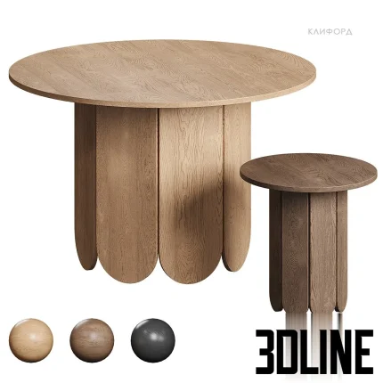 3D model set of the Clifford round table by Divan.ru, featuring a sculptural base made of vertical rounded wooden petals, shown in natural oak and dark wood finishes, with a matching smaller side table.