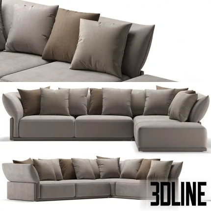 3D model of the Cloud modular sofa system, featuring deep plush seating and backrests in a neutral beige/taupe fabric, arranged in L-shape and linear configurations with mixed scatter pillows.