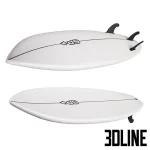 A collection of detailed 3D surfboard models, including wooden, graphic patterned (tropical leaves, ethnic print), and plain white designs, suitable for decoration.