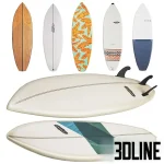 A collection of detailed 3D surfboard models, including wooden, graphic patterned (tropical leaves, ethnic print), and plain white designs, suitable for decoration.