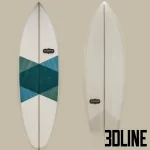 A collection of detailed 3D surfboard models, including wooden, graphic patterned (tropical leaves, ethnic print), and plain white designs, suitable for decoration.