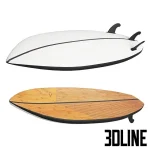 A collection of detailed 3D surfboard models, including wooden, graphic patterned (tropical leaves, ethnic print), and plain white designs, suitable for decoration.