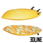 A collection of detailed 3D surfboard models, including wooden, graphic patterned (tropical leaves, ethnic print), and plain white designs, suitable for decoration.