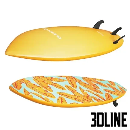 A collection of detailed 3D surfboard models, including wooden, graphic patterned (tropical leaves, ethnic print), and plain white designs, suitable for decoration.
