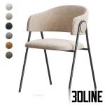 High-resolution 3D model of the Collins Chair featuring a curved, ribbed beige fabric seat on thin black metal legs, with color swatches showing multiple options.