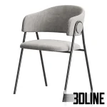 High-resolution 3D model of the Collins Chair featuring a curved, ribbed beige fabric seat on thin black metal legs, with color swatches showing multiple options.