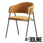 High-resolution 3D model of the Collins Chair featuring a curved, ribbed beige fabric seat on thin black metal legs, with color swatches showing multiple options.